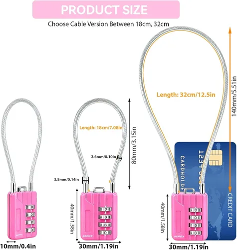 Vista 2 de SEPOX® Twins - Candado de combinación de 4 dígitos reiniciable, cable compacto de acero con vinilo de 18 cm (7.1 in) - Cerradura multiusos