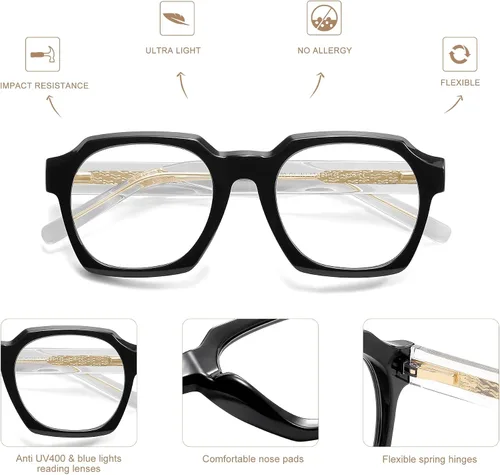 Vista 6 de AMOMOMA - Paquete de 2 gafas de lectura retro cuadradas para mujeres y hombres, montura de ordenador con bisagra de resorte y protección contra luz