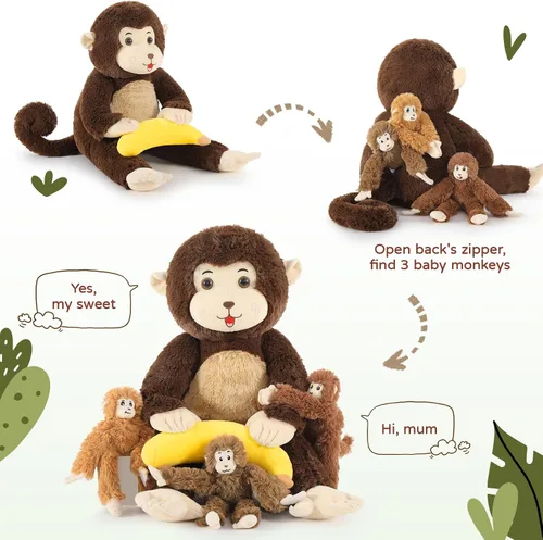 Vista 8 de MaoGoLan Mono gigante de peluche con bebés, juguete de peluche suave con plátano regalo para niños, niñas, niños, mamá y 3 bebés pequeños colgantes