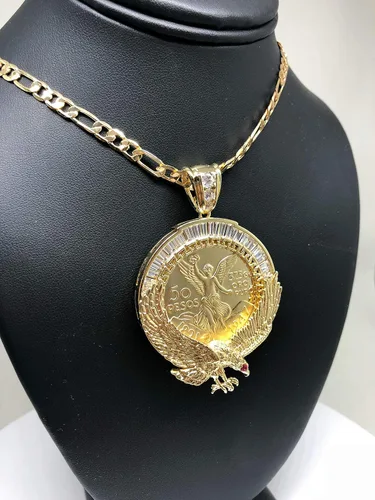 Vista 5 de Cadena chapada en oro Centenario Mexicano Moneda 50 Pesos Águila Colgante Cadena CZ Oro Cadena 26