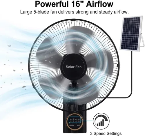Vista 3 de 16" Solar Barn Fan for Chickens & Greenhouses - Oscillating Wall Fan with Remote Control, AC/Solar Dual Power, Waterproof 90° Cooling, 16ft