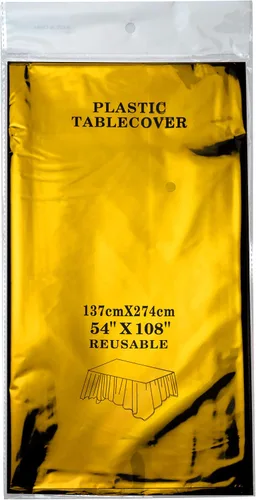 Vista 2 de Mantel de plástico dorado para mesa rectangulares, mantel de oropel para bodas, aniversarios, cumpleaños, graduación, despedida de soltera, Acción