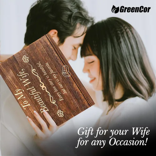 Vista 2 de GreenCor Juego de regalo de madera grabado para aniversario para esposa, con texto en inglés "To My Beautiful Wife", incluye corazón grabado