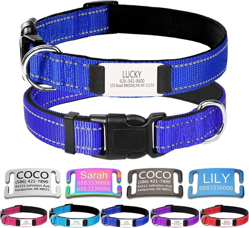 Vista 7 de Collar de perro de nailon personalizado con placa de nombre grabada, S, negro Custom engraved name & phone; reflective stitching, adjustable