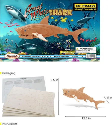 Vista 2 de Puzzled Rompecabezas 3D, gran tiburón blanco, kit de modelo de construcción de madera para manualidades, juguete educativo de madera de la vida