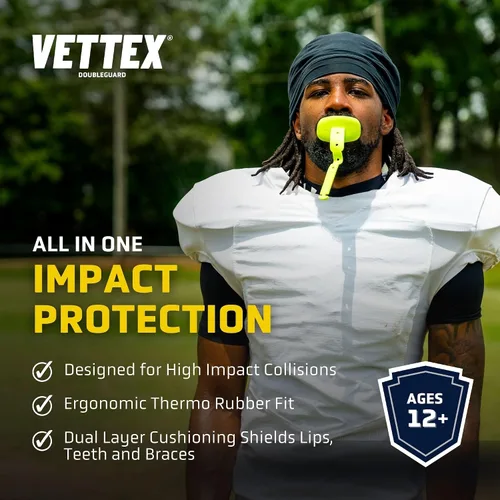 Vista 2 de Vettex Doubleguard Protector bucal con Protección de Labios - Adulto, Aguamarina Football, Lacrosse, MMA, Boxing, Adjustable Helmet Strap, Braces