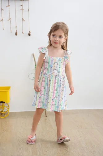 Vista 3 de Popshion Vestidos de niña con mangas con vuelo, vestido de verano para niños, fiesta de cumpleaños, sin mangas, vestido de 1 a 8 años