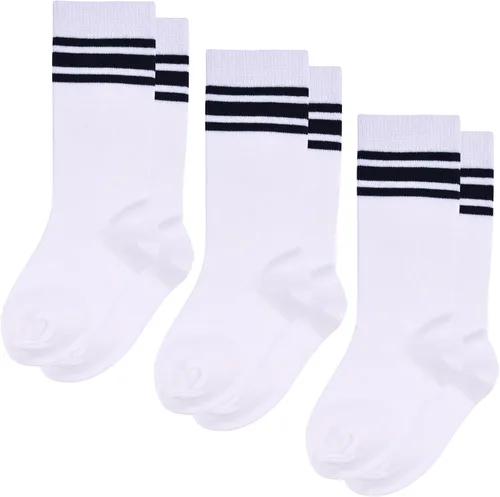 Vista 2 de LO SHOKIM Calcetines altos hasta la rodilla para niños, calcetines de fútbol para niñas, tres rayas sobre la pantorrilla, uniforme escolar, medias