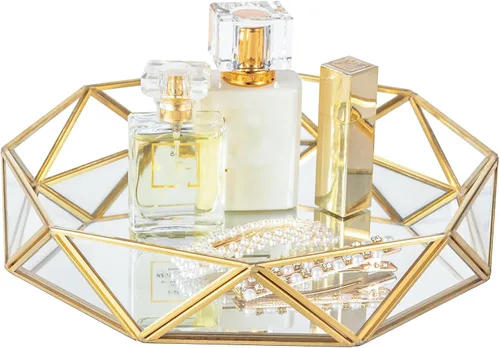 Vista 10 de Feyarl Bandeja Pequeña de Cristal Dorado para Perfumes, Organizador de Baratijas y Joyas, Bandeja Decorativa Ornamentada para Vanidad, Cosméticos