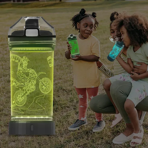 Vista 9 de YuanDian Botella de agua iluminada para niños con diseño 3D de motocross - 14 onzas Tritan libre de BPA ecológica - Vasos frescos para beber regalo