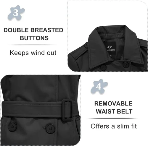 Vista 5 de FARVALUE Gabardina impermeable para mujer, cortavientos de doble botonadura, abrigo clásico con solapa con cinturón y capucha extraíble
