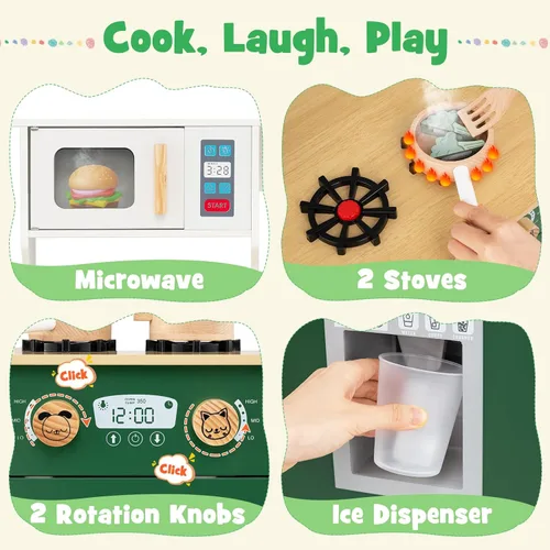 Vista 2 de Costzon Cocina de juego para niños, juego de cocina Little Chef con microondas, estufas, pomos de rotación, dispensador de hielo, grifo, fregadero