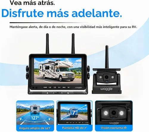 Vista 3 de Waggle Sistema de observación de RV, pantalla DVR inalámbrica de 7 pulgadas, cámara de respaldo 1080P con panel solar integrado, batería recargable