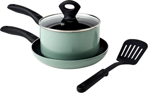 Vista 7 de Basic Essentials Juego de utensilios de cocina de aluminio antiadherente de 4 piezas, sartén con tapa de vidrio y espátula de nailon, color blanco