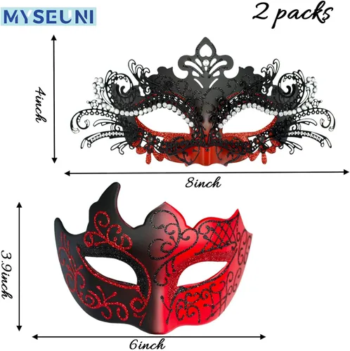 Vista 4 de MYSEUNI Máscaras de máscaras para parejas máscara veneciana de filigrana de metal brillante con diamantes de imitación y máscara veneciana