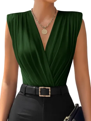 Vista 13 de LYANER - Leotardo sin mangas con cuello en V y fruncidos para mujer, con cinturón leopardo blanco