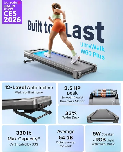 Vista 2 de MERACH UltraWalk W60 Walking Pad Treadmill with 12% Auto Incline, Under Desk Walking Pad 400lb Capacity, Max 3.5HP Heavy Duty Walking Pad with