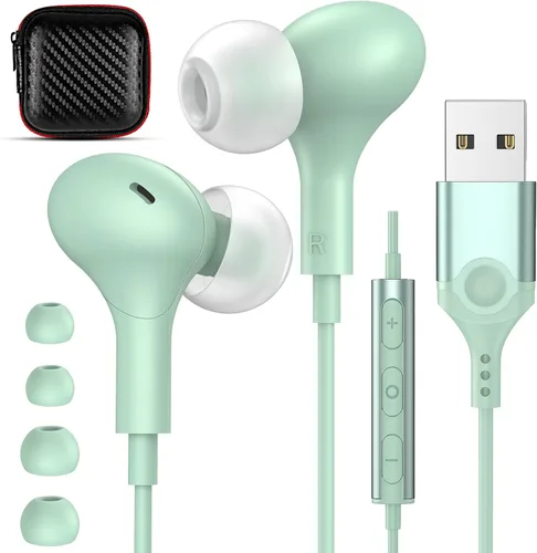 Vista 8 de Auriculares USB con micrófono para laptop, auriculares magnéticos con cable de 7.5 pies con aislamiento de ruido, auriculares intrauditivos