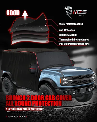 Vista 2 de MZS Funda de cabina compatible con Bronco 2 puertas 2021-2026, 600D al aire libre, impermeable, Bronco cubierta 2dr con cremallera para puerta