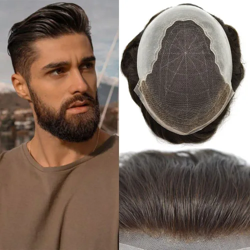 Vista 108 de Toupee para hombres pieza de pelo suave suizo encaje real sistema de cabello humano reemplazo blanqueado nudo mens tupé sistema de pelo para hombres