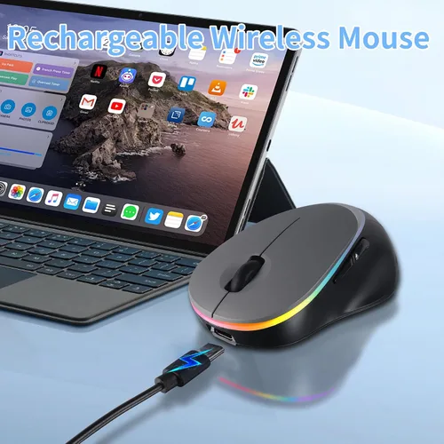 Vista 6 de Ratón ergonómico inalámbrico Bluetooth con luz LED RGB, ratones de computadora portátiles silenciosos recargables de modo dual con receptor USB
