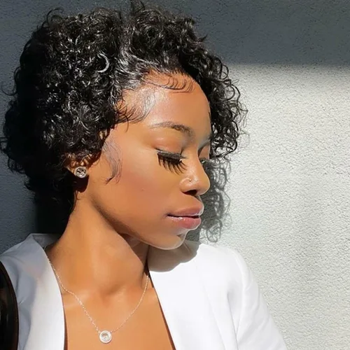 Vista 11 de INSTASTYLE Pelucas rubias degradadas con encaje frontal de 6 pulgadas, cabello humano de 13 x 1, corte Pixie, pelucas cortas rizadas de encaje HD