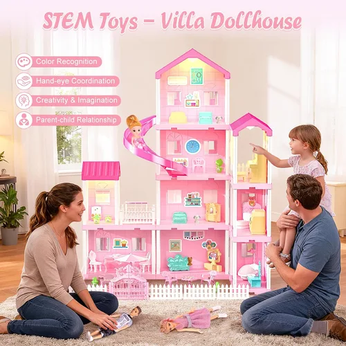 Vista 4 de Juego de casa de muñecas de ensueño para niñas, casa de muñecas de princesa con 4 pisos, 10 áreas, 2 muñecas, luces, mascotas, muebles y accesorios