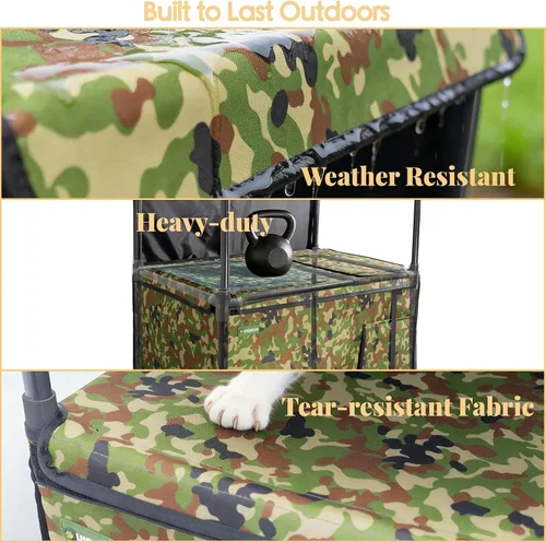 Vista 5 de Casa para gatos al aire libre, resistente a la intemperie, con dosel, refugio exterior para gatos, cubierta de techo y soporte elevado, casa