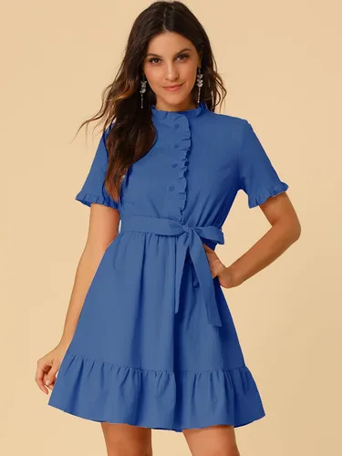 Vista 3 de Allegra K Vestido camisero de algodón ajustado y acampanado para mujer con cinturón y botones frontales con volantes, M