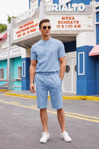 Vista 8 de COOFANDY Conjunto de 2 piezas de lino para hombre, camisas Henley casuales de manga corta, pantalones cortos de yoga para la playa, pantalones