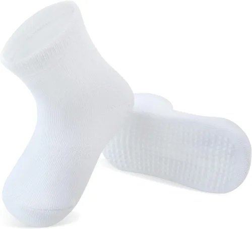 Vista 6 de Tenpluszero Calcetines de algodón antideslizantes para niños pequeños, calcetines de algodón con agarres para bebés, niños y niñas