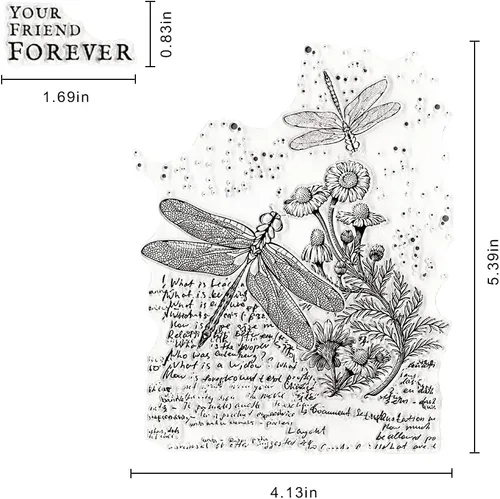 Vista 2 de Estivaux Flores, libélula de fondo, sellos transparentes para hacer tarjetas y diario, flores retro, palabras de goma, hojas florales, paisajes