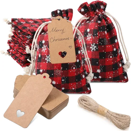 Vista 11 de Shappy 24 bolsas de Navidad con cordón, bolsas de arpillera a cuadros de Navidad, bolsas de lino con cuerda de 32.8 pies, 24 tarjetas