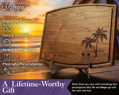 Vista 2 de Tabla de cortar personalizada para bodas en la playa – Tabla de charcutería grabada personalizada para parejas – Regalo náutico de playa tropical