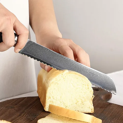 Vista 6 de Cuchillo de cocina Damasco, cuchillo de pan dentado de 8 pulgadas con mango ergonómico de madera antideslizante, afilado, ligero, control superior