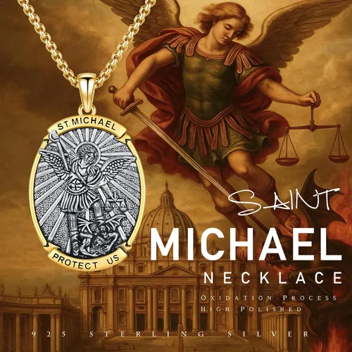 Vista 8 de Collar con colgante de amuleto de medalla de San de plata 10A-St Michael Oval