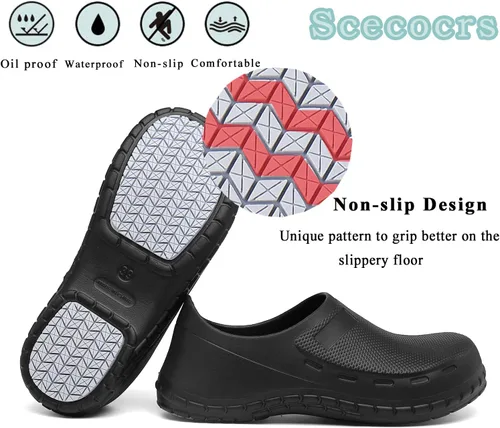Vista 5 de scecocrs Zapatos de trabajo antideslizantes para hombre, zapatos de chef impermeables, zapatos de servicio de alimentos para restaurante, zuecos