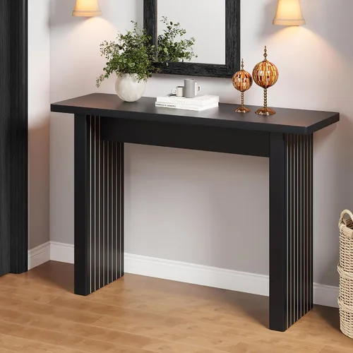 Vista 11 de Mesa Consola Acanalada, Mesa de Entrada Estilo Granja con Almacenamiento y Patas de Madera Acanalada, Mesa de Sofá Estrecha, Mesa de Entrada Pequeña