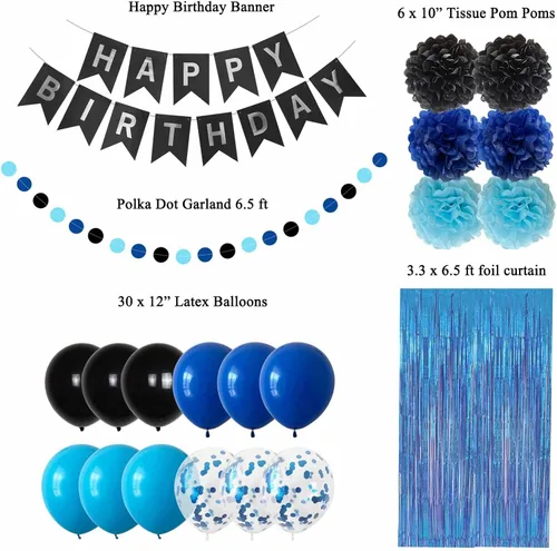 Vista 3 de ANSOMO Decoraciones de Fiesta de Cumpleaños Azul y Negro para Niños Hombres Pancarta Globos Azul Marino Azul Real Azul Claro Pompones Cortina