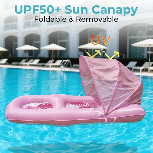 Vista 6 de Fabric Covered Inflatable Pool Lounger Float Adult, 70"x39" Extra Large Pool Float w/ UPF50+ Sunshade Canopy & Cupholder Caddy, Water Floaties Raft