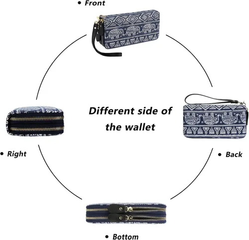 Vista 5 de LATH.PIN RFID Blocking Bohemian Purse Wallet Canvas Elephant Pattern Handbag with Coin Pocket and Strap