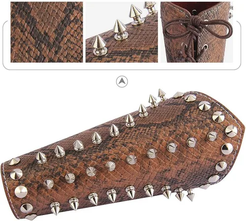 Vista 4 de Jeilwiy Pulsera de guante de cuero, brazaletes medievales, muñequera vikinga, caballero LARP, brazos vikingos, disfraz renacentista