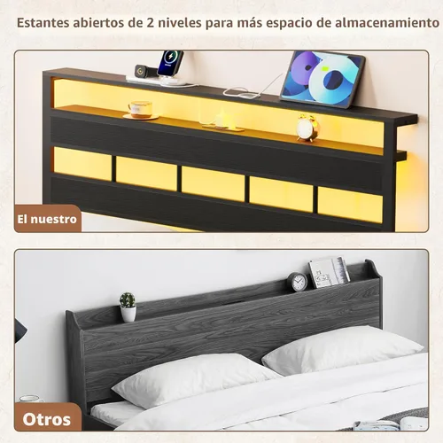 Vista 6 de Furnulem Marco de cama individual con estación de carga y luces LED, roble Soporte de listones de metal resistente, cabecera de almacenamiento