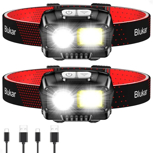 Vista 13 de Blukar Linterna frontal LED recargable, 2000L de alto lumen súper brillante regulable linterna con sensor de movimiento, 8 modos, foco e reflector