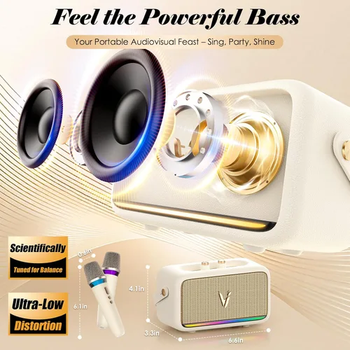 Vista 2 de Máquina de karaoke con 2 micrófonos inalámbricos y envoltura de cuero suave Mini altavoz Bluetooth portátil con 5 modos de cambio de voz