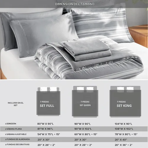 Vista 6 de Codi Juego de cama tamaño Queen en una bolsa, juego de ropa de cama matrimonial, moderno edredón de rayas grises y blancas con sábanas, juego
