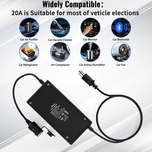Vista 5 de Convertidor de CA a CC, JRing 110-220V a 12V 20A 240W Adaptador de corriente para encendedor de cigarrillos de coche, refrigerador de coche