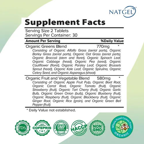 Vista 2 de Organic Greens Complex1350mg Verduras superalimentarias con frutas y verduras 60 Tabletas