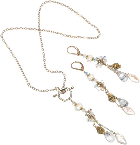 Vista 5 de Rutilated Quartz Cultured Pearl Sterling Silver Heart Chain Dangle Chandelier Earrings