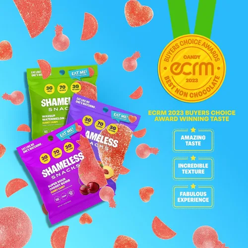 Vista 3 de Shameless Snacks - Gomitas keto bajas en carbohidratos sin gluten - Melocotón, sandía, bomba de cereza